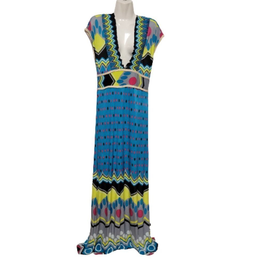 SUMMER Blue Maxi Cover up Abstract Print Cap Sleeve Casual Comfy Long Dress